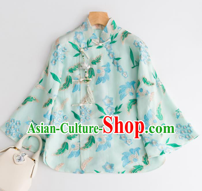 Chinese Traditional National Costume Tang Suit Green Blouse Upper Outer Garment for Women