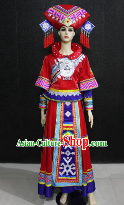 Chinese Traditional Zhuang Nationality Wedding Dress Ethnic Folk Dance Costume for Women