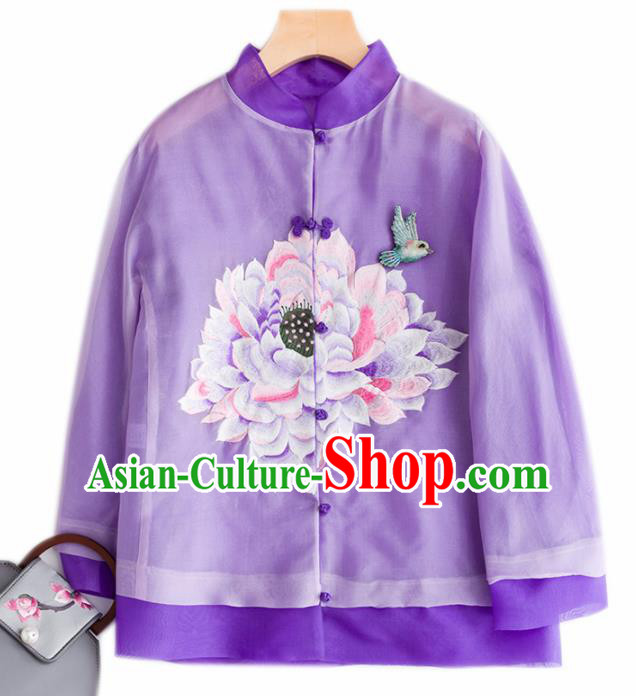 Chinese Traditional National Costume Tang Suit Embroidered Purple Organza Jacket Upper Outer Garment for Women