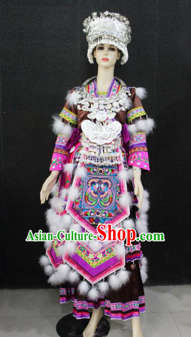 Chinese Traditional Miao Nationality Wedding Brown Dress Ethnic Folk Dance Costume for Women
