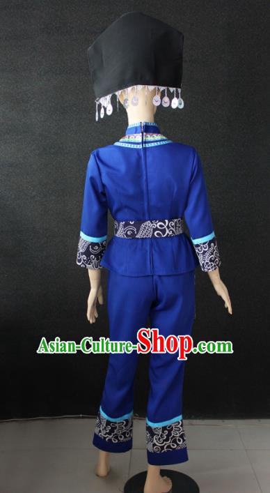 Chinese Traditional Zhuang Nationality Blue Clothing Ethnic Folk Dance Costume for Women