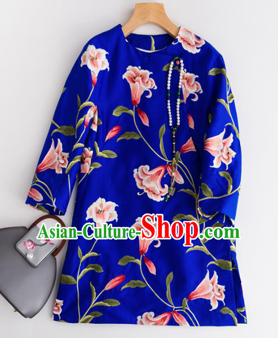 Chinese Traditional National Costume Tang Suit Royalblue Coat Outer Garment for Women