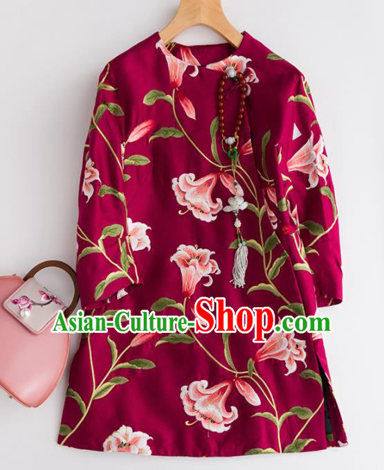 Chinese Traditional National Costume Tang Suit Wine Red Coat Outer Garment for Women