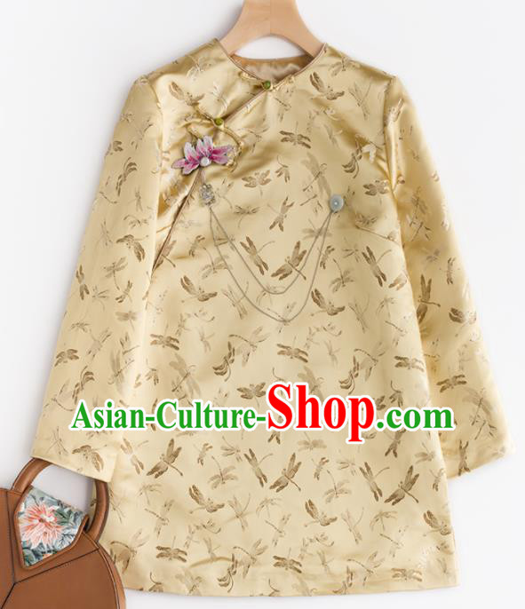 Chinese Traditional National Costume Tang Suit Golden Brocade Jacket Upper Outer Garment for Women