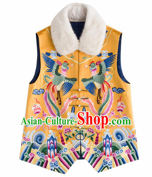 Traditional Chinese National Costume Tang Suit Embroidered Yellow Waistcoat Upper Outer Garment for Women