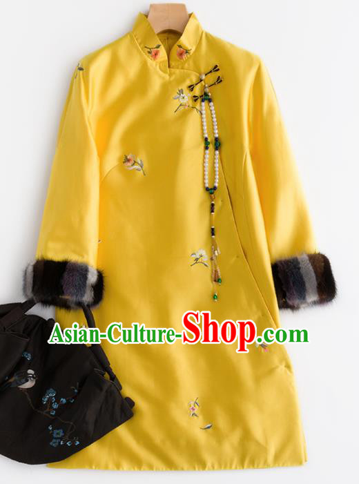 Chinese Traditional National Costume Tang Suit Cheongsam Winter Yellow Qipao Dress for Women