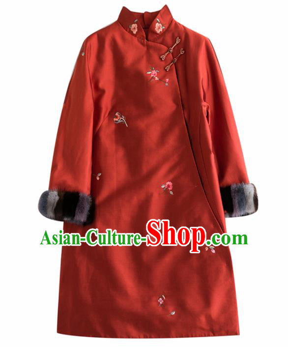 Chinese Traditional National Costume Tang Suit Cheongsam Winter Rust Red Qipao Dress for Women