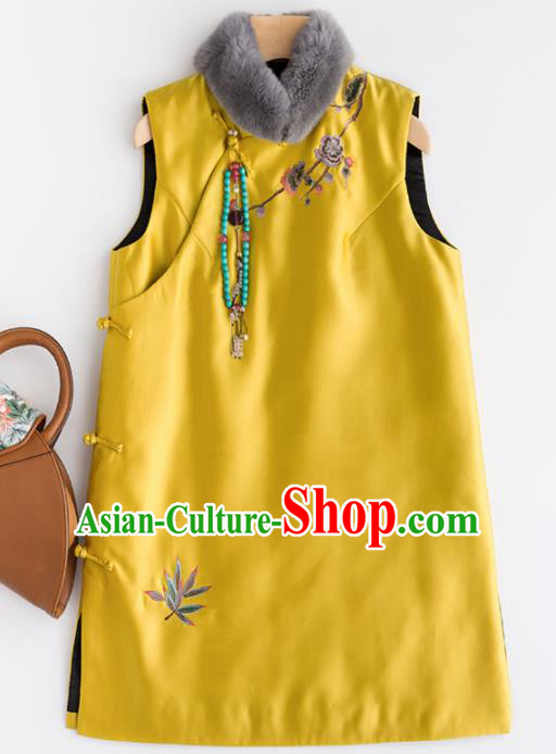 Traditional Chinese National Costume Tang Suit Embroidered Yellow Waistcoat for Women