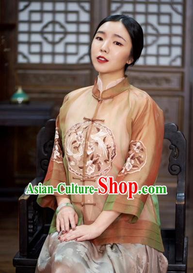Chinese Traditional Tang Suit Embroidered Silk Blouse National Costume Upper Outer Garment for Women