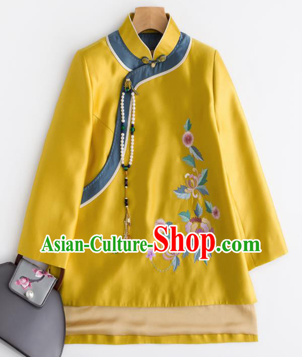Chinese Traditional Tang Suit National Costume Upper Outer Garment Embroidered Yellow Coat for Women