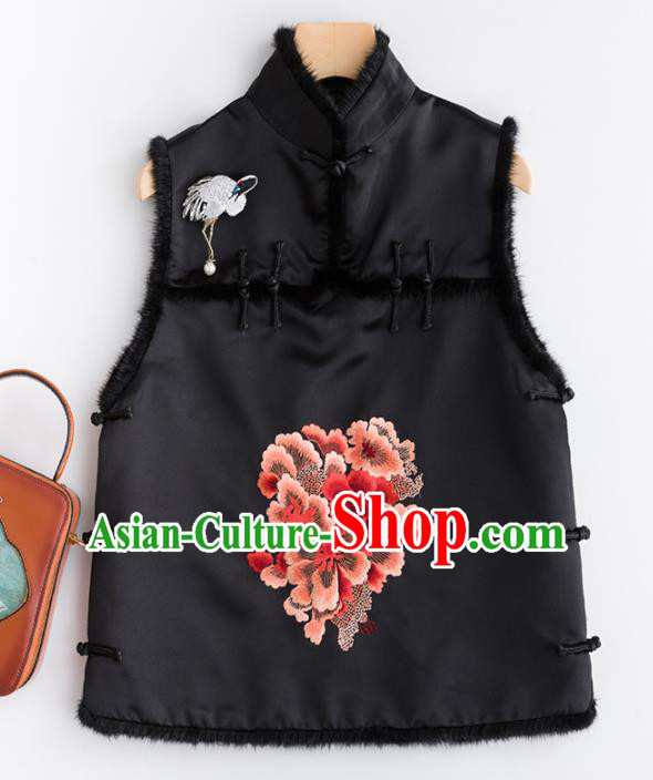 Traditional Chinese National Costume Tang Suit Embroidered Peony Black Waistcoat for Women