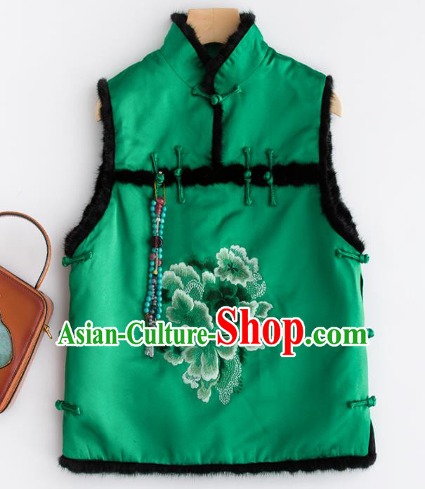 Traditional Chinese National Costume Tang Suit Embroidered Peony Green Waistcoat for Women