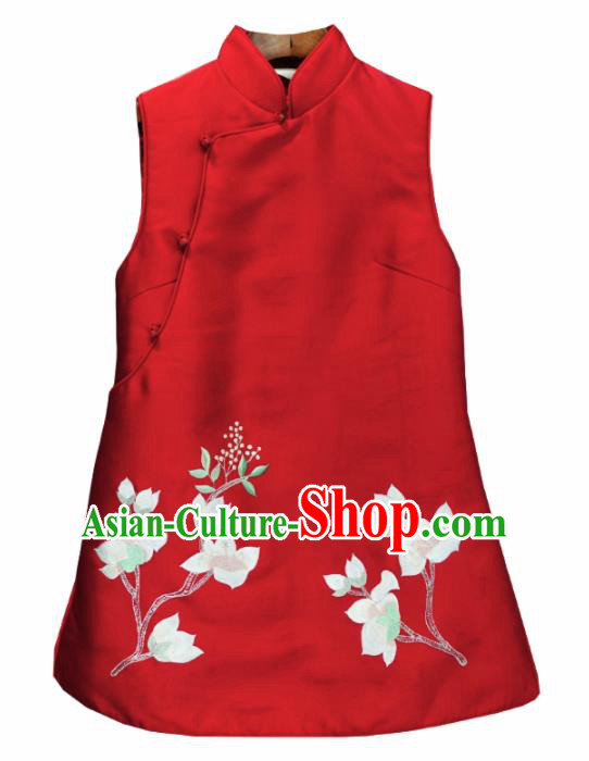 Traditional Chinese National Costume Tang Suit Embroidered Magnolia Red Waistcoat for Women