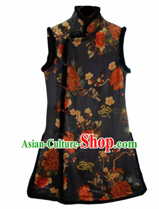 Traditional Chinese National Costume Tang Suit Black Silk Waistcoat for Women