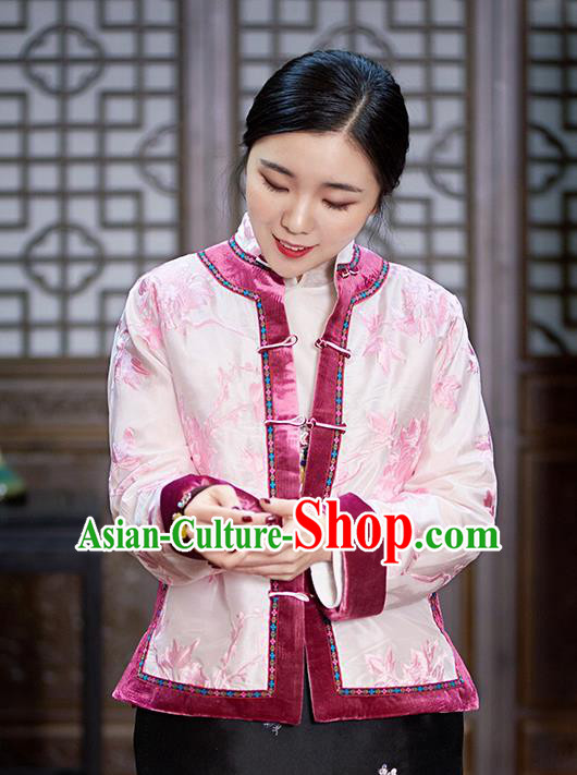 Chinese Traditional Tang Suit Pink Cotton Padded Jacket National Costume Outer Garment for Women