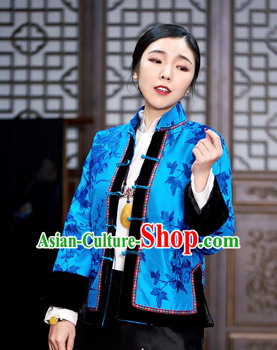 Chinese Traditional Tang Suit Blue Cotton Padded Jacket National Costume Outer Garment for Women