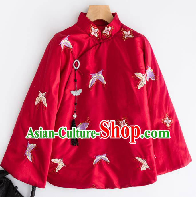 Chinese Traditional Tang Suit Embroidered Butterfly Red Cotton Padded Jacket National Costume Outer Garment for Women