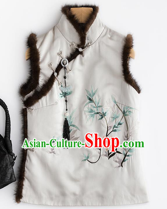 Traditional Chinese National Costume Tang Suit Embroidered White Brocade Waistcoat for Women