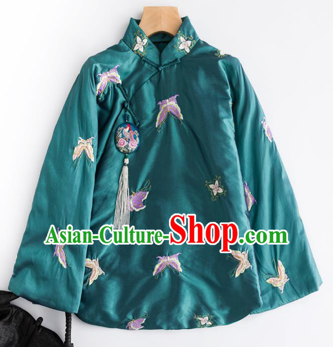 Chinese Traditional Tang Suit Embroidered Butterfly Green Cotton Padded Jacket National Costume Outer Garment for Women