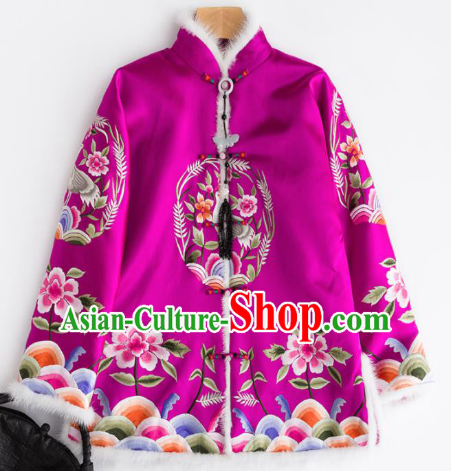 Chinese Traditional Costume National Tang Suit Rosy Cotton Padded Jacket Outer Garment for Women