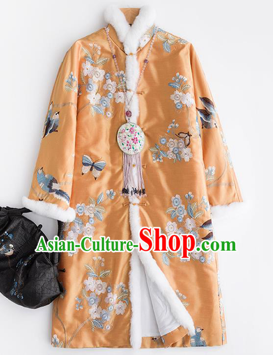 Chinese Traditional Embroidered Costume National Tang Suit Yellow Cotton Padded Coat Outer Garment for Women
