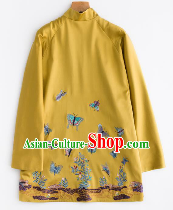 Chinese Traditional Costume National Tang Suit Embroidered Yellow Blouse Upper Outer Garment for Women