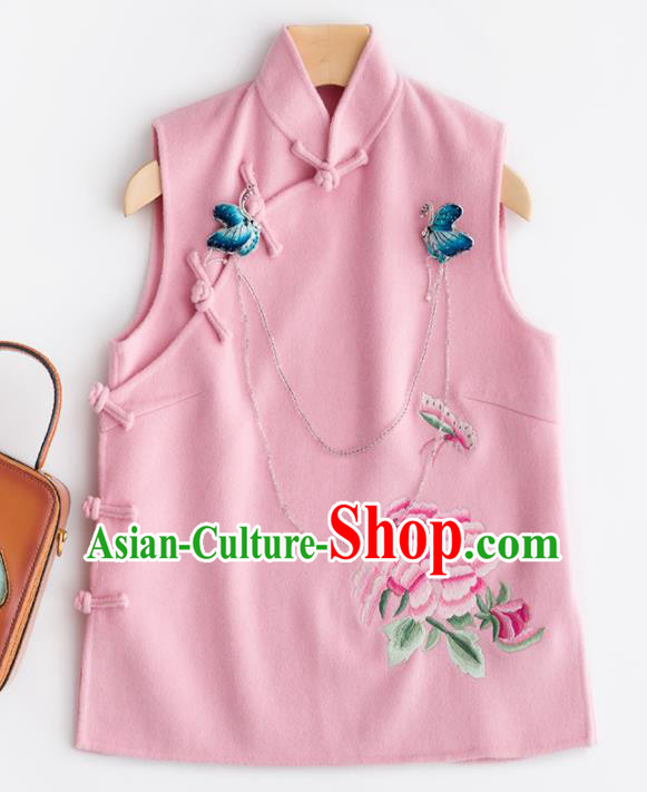Traditional Chinese National Costume Tang Suit Embroidered Pink Woolen Waistcoat for Women