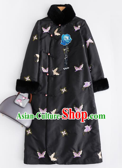Chinese Traditional Costume National Tang Suit Embroidered Butterfly Black Coat Outer Garment for Women