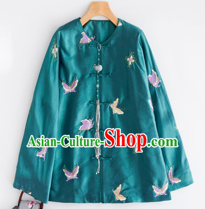 Chinese Traditional Costume National Tang Suit Shirts Embroidered Butterfly Green Blouse for Women