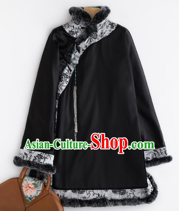 Chinese Traditional Costume National Tang Suit Black Jacket Embroidered Outer Garment for Women
