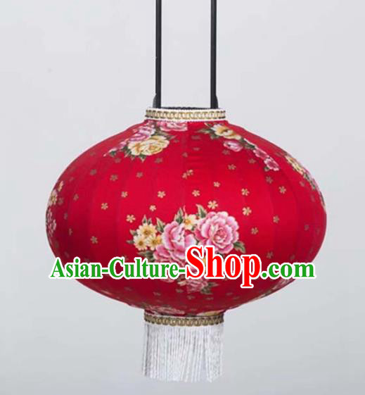 Chinese Traditional Printing Peony Flowers Red Hanging Lantern Handmade Craft New Year Palace Lanterns