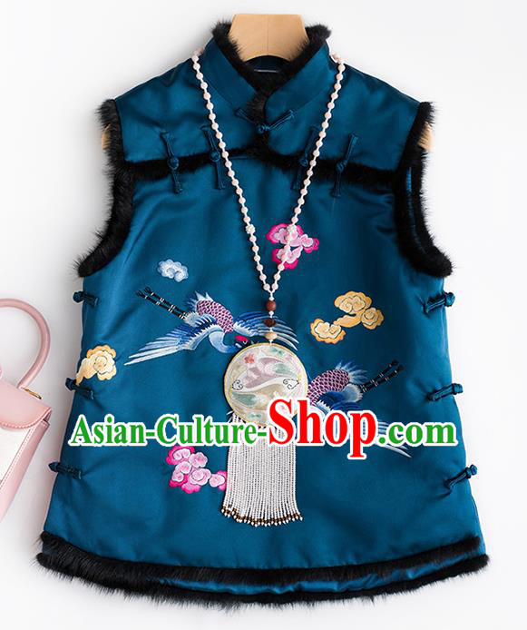Traditional Chinese National Costume Embroidered Cranes Blue Vest Tang Suit Waistcoat for Women
