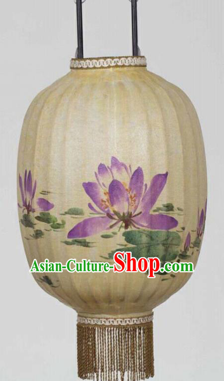 Chinese Traditional Ink Painting Purple Lotus Lantern Handmade New Year Palace Lanterns