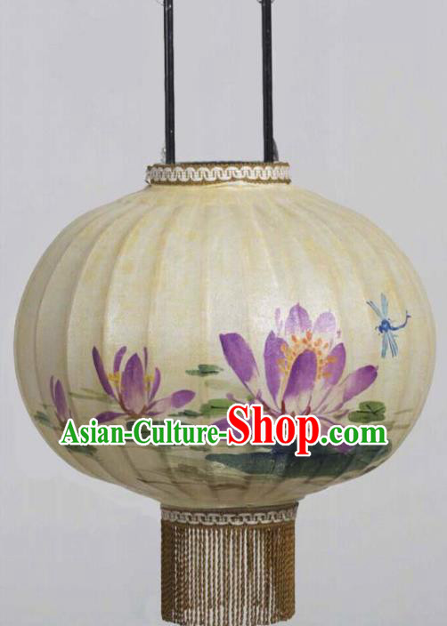 Chinese Traditional Ink Painting Purple Lotus Round Lantern Handmade New Year Palace Lanterns