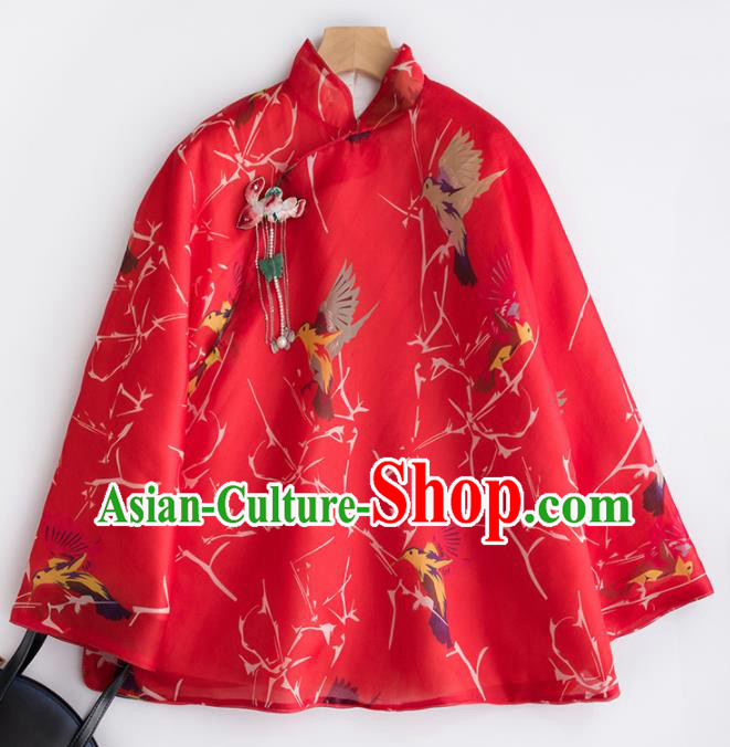 Chinese Traditional Costume National Tang Suit Red Cotton Padded Jacket Outer Garment for Women