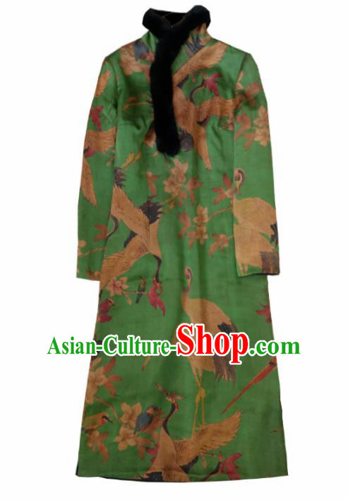 Chinese Traditional National Costume Tang Suit Cheongsam Winter Green Qipao Dress for Women