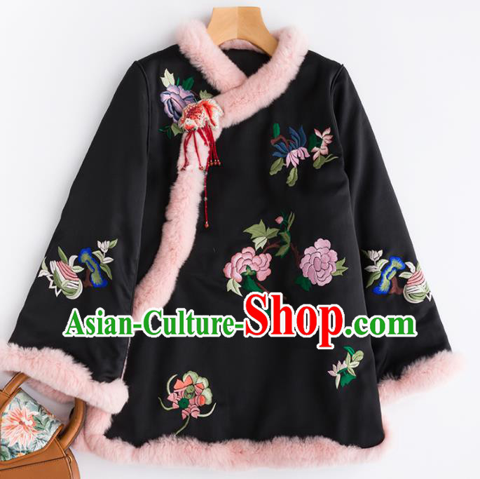 Chinese Traditional Costume National Tang Suit Embroidered Peony Black Cotton Padded Jacket for Women