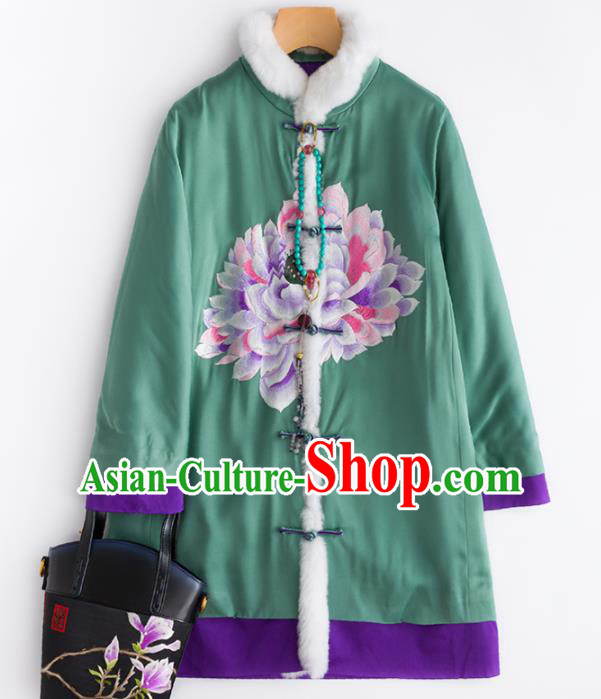 Chinese Traditional Costume National Tang Suit Embroidered Green Cotton Padded Jacket for Women