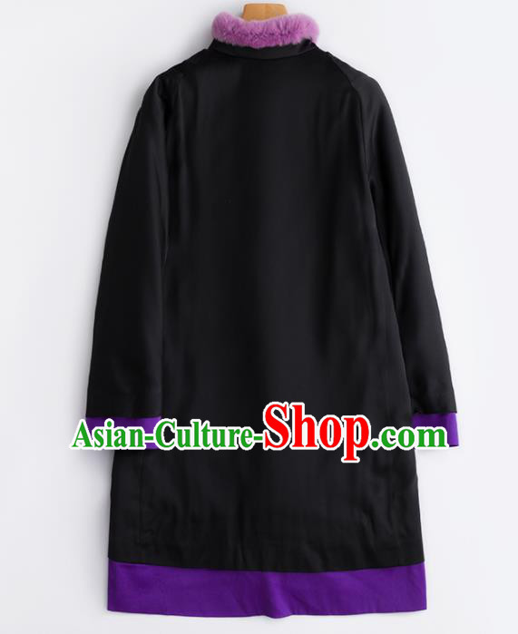 Chinese Traditional Costume National Tang Suit Embroidered Black Cotton Padded Jacket for Women