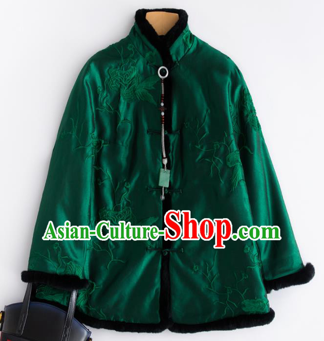 Chinese Traditional National Costume Tang Suit Embroidered Green Cotton Padded Jacket for Women
