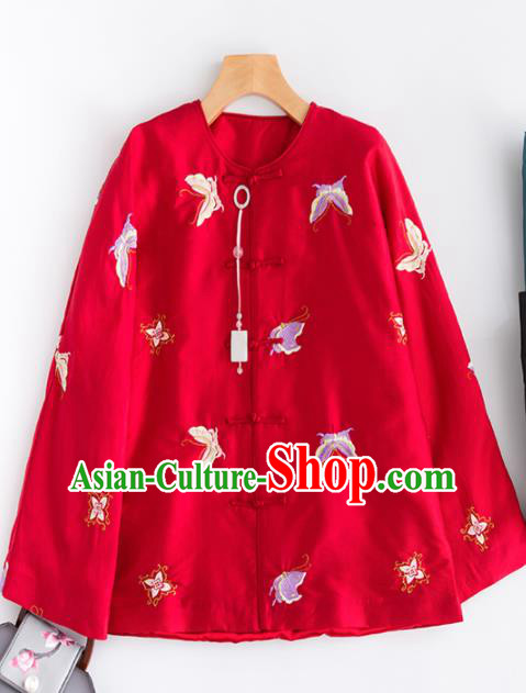 Chinese Traditional Costume National Tang Suit Shirts Embroidered Butterfly Red Blouse for Women