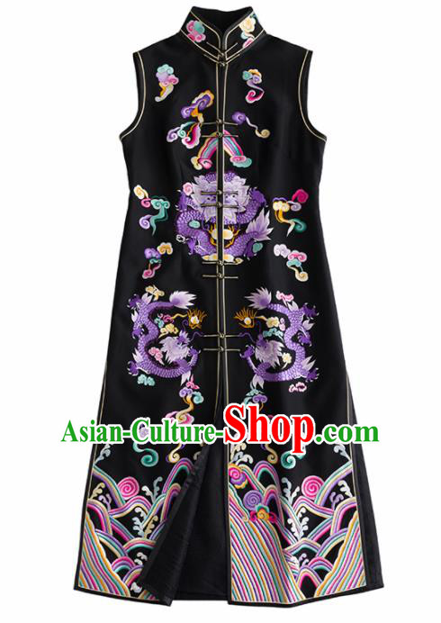 Chinese Traditional National Costume Tang Suit Cheongsam Embroidered Black Qipao Dress for Women