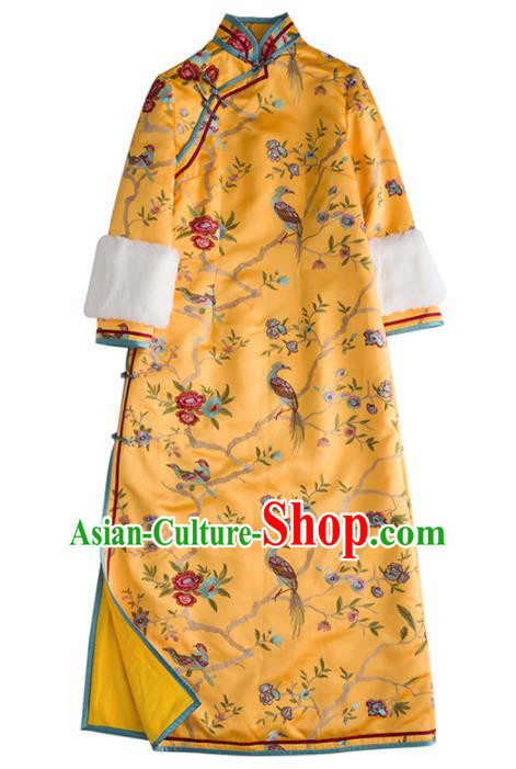 Chinese Traditional National Costume Cheongsam Ancient Qing Dynasty Embroidered Yellow Qipao Dress for Women