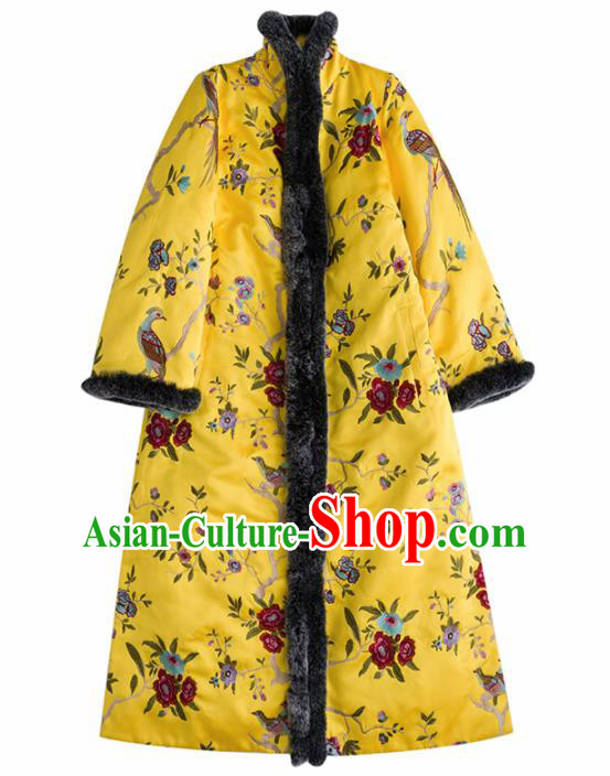 Chinese Traditional National Costume Tang Suit Embroidered Rhododendrons Cotton Padded Coat for Women