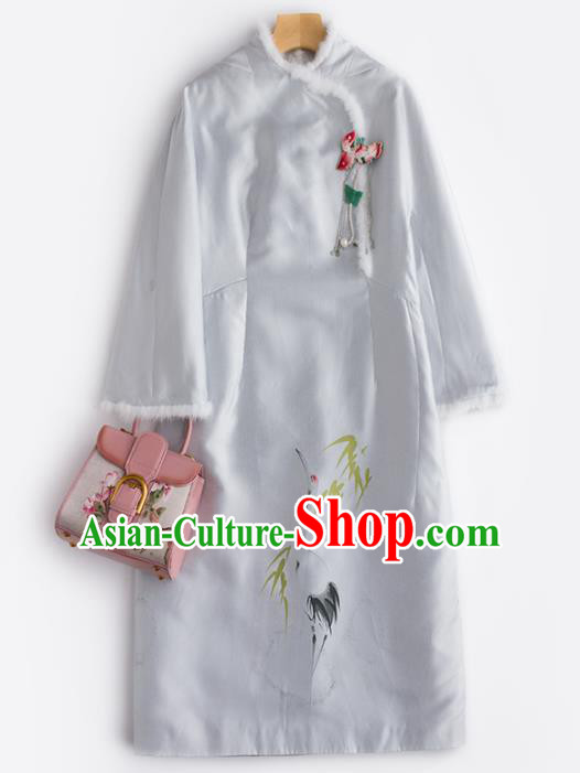 Chinese Traditional National Costume Tang Suit Embroidered Light Grey Dust Coat for Women