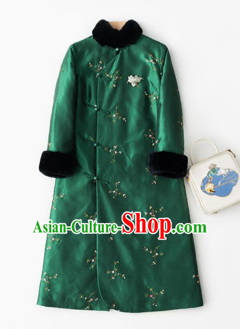 Chinese Traditional Costume National Winter Cheongsam Embroidered Green Qipao Dress for Women