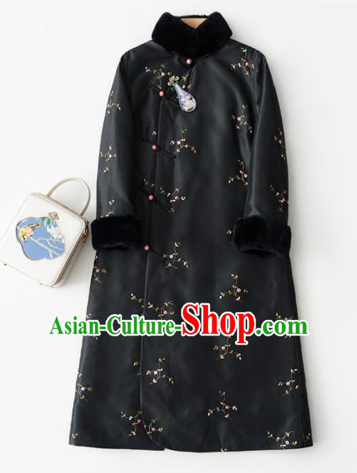 Chinese Traditional Costume National Winter Cheongsam Embroidered Black Qipao Dress for Women