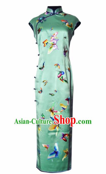Chinese Traditional Costume National Cheongsam Embroidered Butterfly Green Silk Qipao Dress for Women