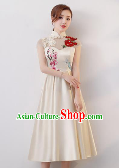 Chinese Traditional National Costume Classical Cheongsam Embroidered White Satin Qipao Dress for Women