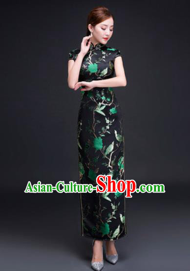Chinese Traditional National Costume Classical Wedding Cheongsam Slim Black Qipao Dress for Women